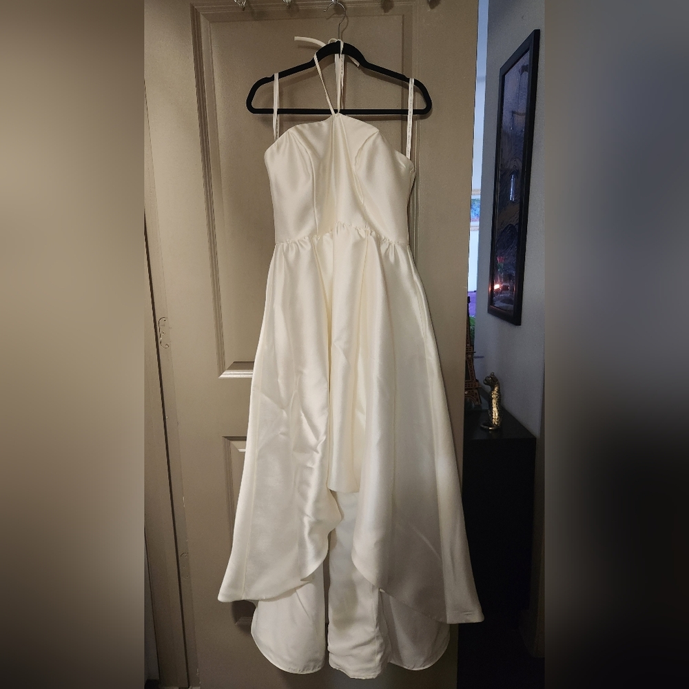 DB Studio Ivory Satin High-Low Formal Dress for Women